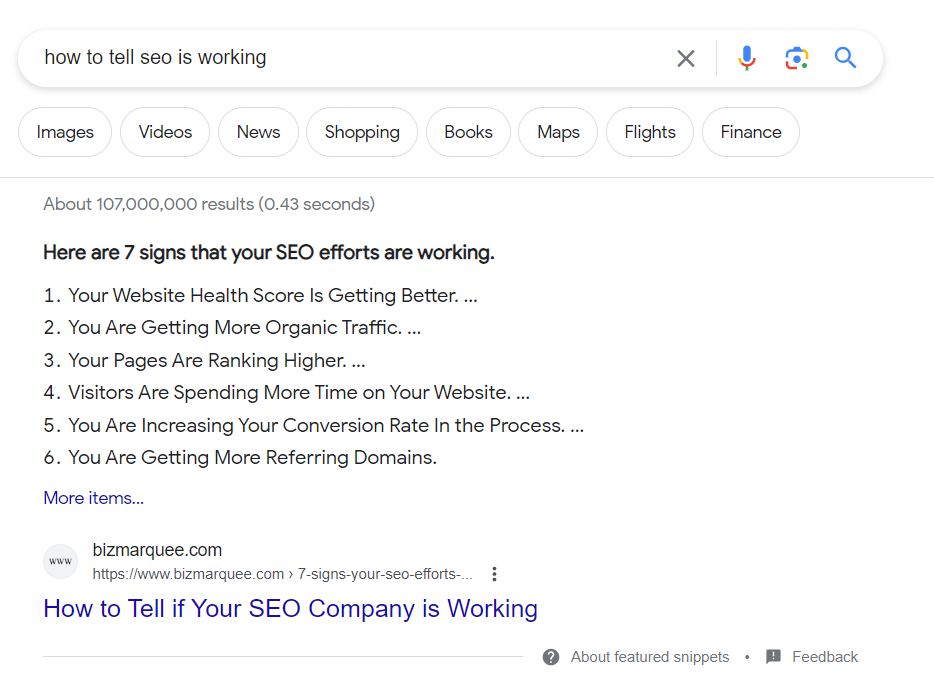 Manually checking if the Google search for "how to tell if seo is working" has a featured snippet