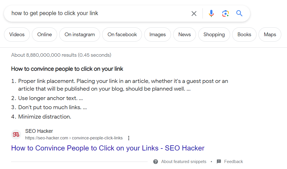 featured snippet on an article about how to get people to click on your link.