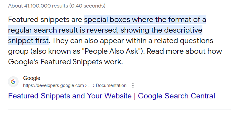 The featured snippet on the Google search for "What is a featured snippet"